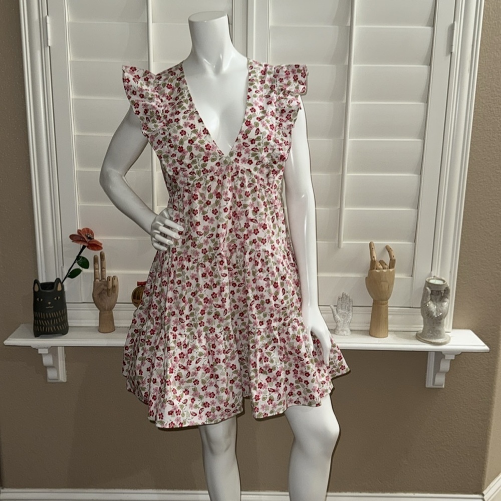 AQUA Floral V-Neck Tiered Mini Dress